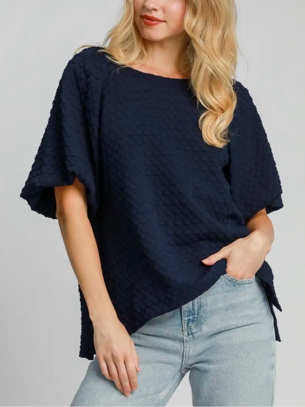 Umgee Navy Textured Flutter Sleeve Top